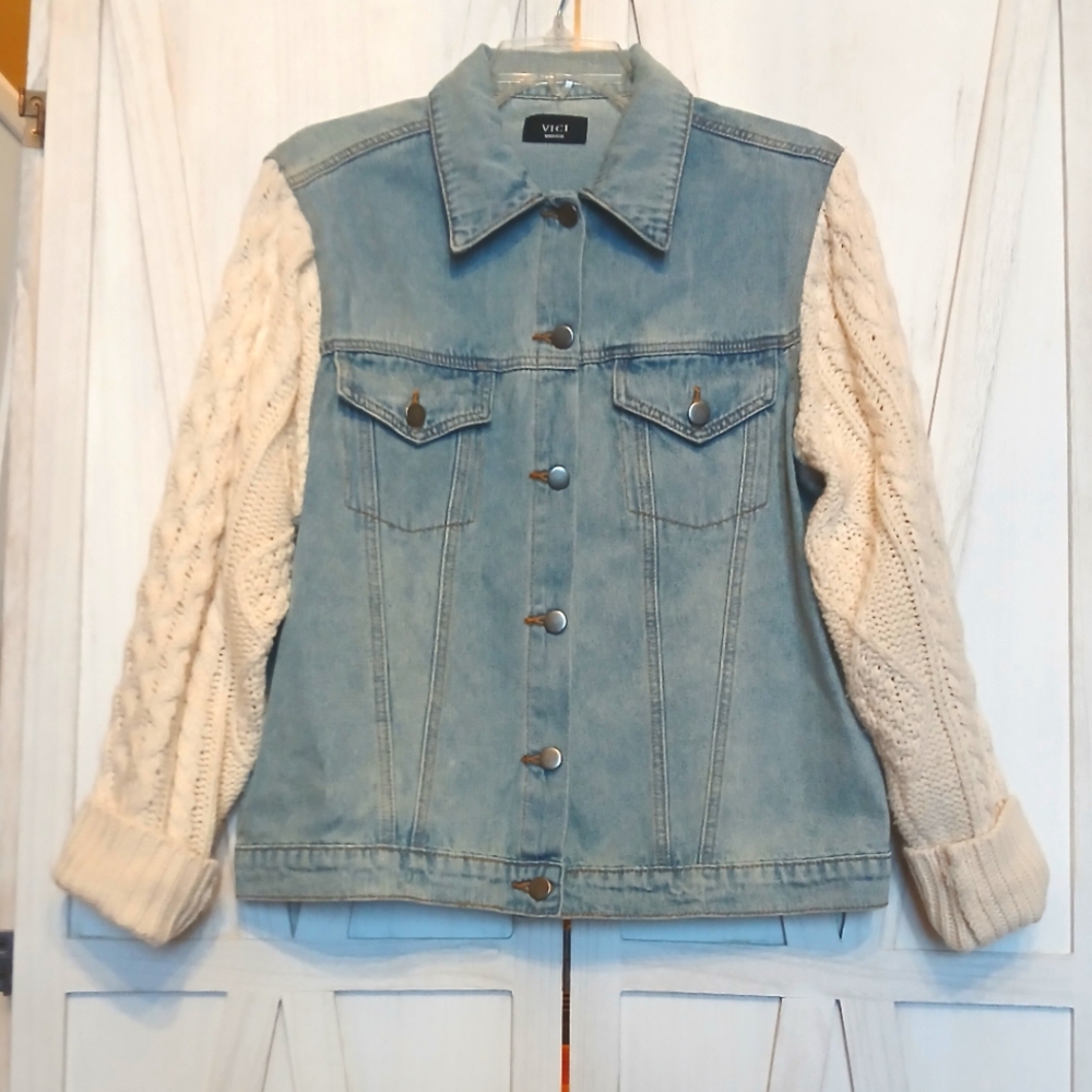 VICI Denim Jacket with Cable Knit Sleeves - M